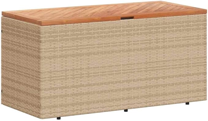Garden Storage Box, Outdoor Deck Box with Poly Rattan and Acacia Wood, 43.3 inch Rectangular Patio Storage Bin for Cushions and Blankets, Beige and Brown