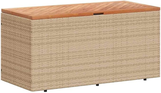 43.3"x19.7"x21.3" Garden Storage Box with Acacia Wood Top, PE Rattan Outdoor Bench with Water-Proof Bag and Gas Spring Lid for Patio Cushions and Blankets