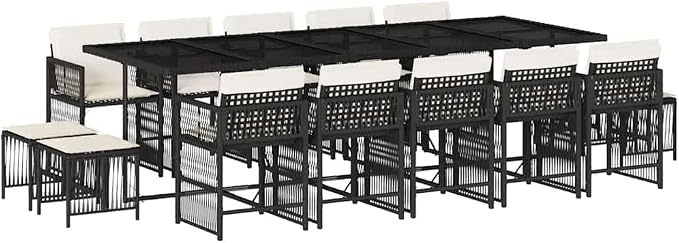 15 Piece Black PE Rattan Garden Dining Set with Tempered Glass Table, 14 Seat Outdoor Dining Set for Patio, Foldable Chairs with Washable Cushions