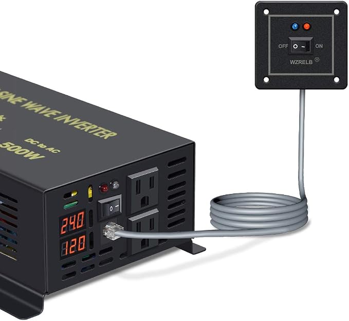 WZRELB 500W 24V 120V Pure Sine Wave Power Inverter with 2 AC Outlets Wired Remote Control (RBP-50024WR)
