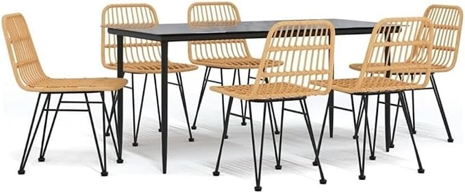 Afuera Living 7 Piece Rectangular Garden Dining Set, Powder-Coated Steel and UV Resistant Poly Rattan, Black Finish, 63 x 31.5 x 29.1 in, Tempered Glass Tabletop, Indoor/Outdoor Use for Patio or