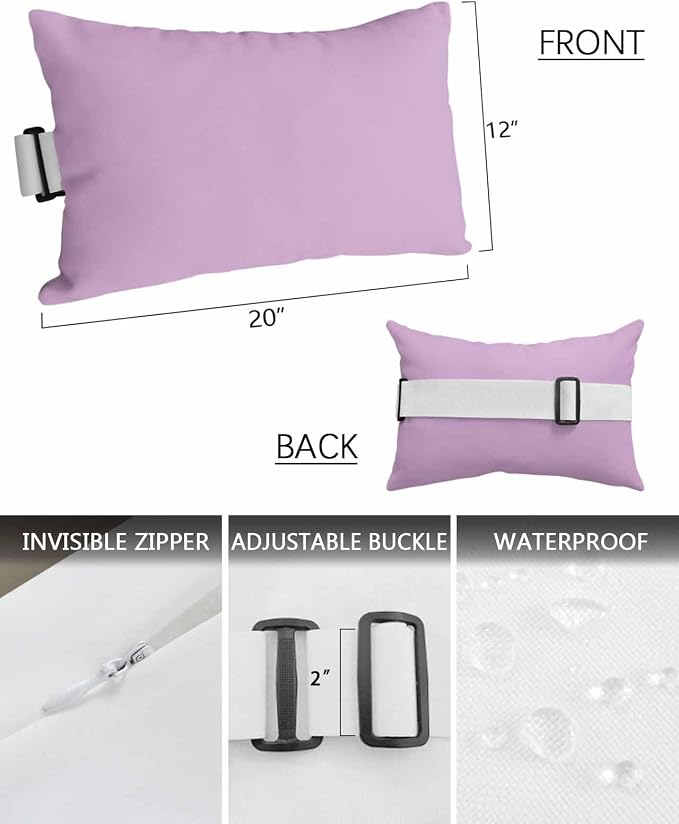 Chaise Lounge Chair Pillow with Strap & Insert Lavender Outdoor Recliner Head Pillow Pack of 2 Solid Purple Color Waterproof Headrest Patio Lumbar Pillow for Beach Pool Office Chair 12x20 Inch
