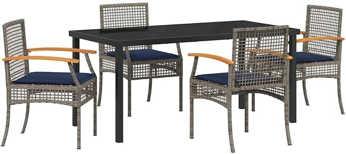 5-Piece Garden Dining Set with Cushions, Modern Rattan Patio Table and 4 Armchairs, Outdoor Furniture for Backyard Terrace, Grey and Black