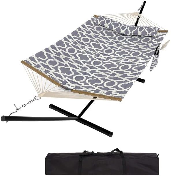 Double Hammock with Stand for Outside, 2 Person Portable Hammock with Curved Spreader Bar & Balance Ropes, Easy Setup Outdoor Hammocks for Backyard, Patio, Camping