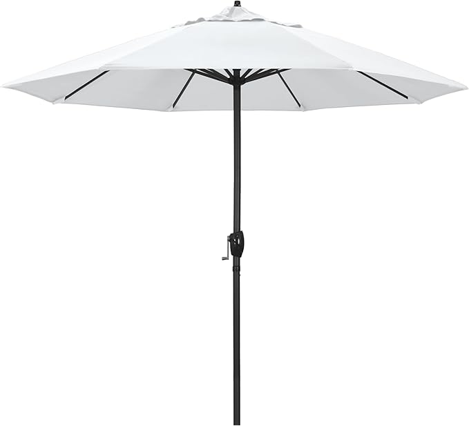 California Umbrella 12-Year Protection 9' Rd Aluminum Patio Umbrella, Crank Lift, Auto Tilt, Black Finish, Sunbrella Natural