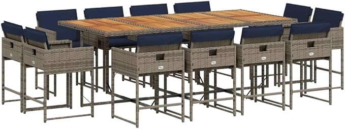 13 Piece Garden Dining Set with Cushions Grey Poly Rattan Outdoor Patio Table and 12 Folding Chairs UV Resistant Space Saving Acacia Wood Top for Backyard Relaxation Entertainment