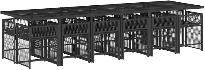 13 Piece Garden Dining Set with 12 Chairs and Large Rectangular Tempered Glass Table, Black Synthetic Rattan Outdoor Furniture for Backyard Patio and Deck, Cream White
