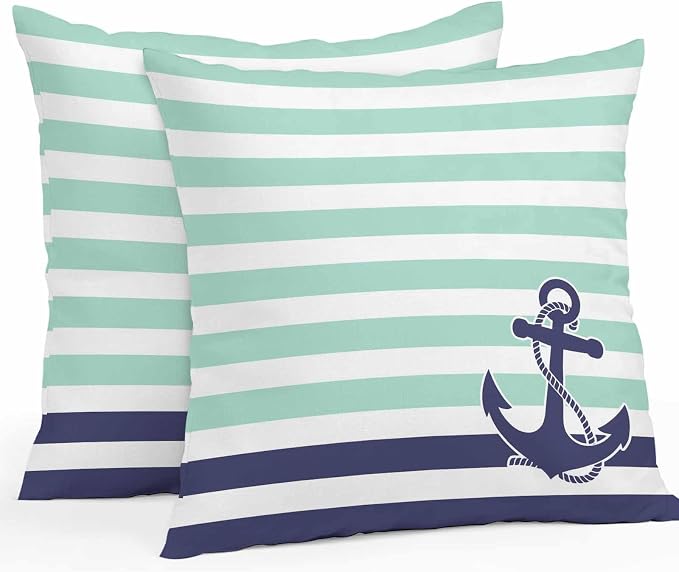 Throw Pillow Covers 16x16 Inch Set of 2, Anchor Aqua Waterproof Outdoor Cushion Covers, Modern Navy Blue White Striped Nautical Decorative Pillowcases for Couch, Sofa, Bed, Garden, Patio