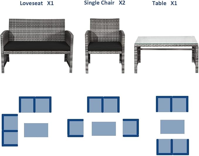 DORTALA 4 Piece Patio Furniture Set, Outdoor Wicker Conversation Set with Soft Cushions & Tempered Glass Coffee Table, Rattan Patio Sofa Bistro Sets for Courtyard Balcony, Black
