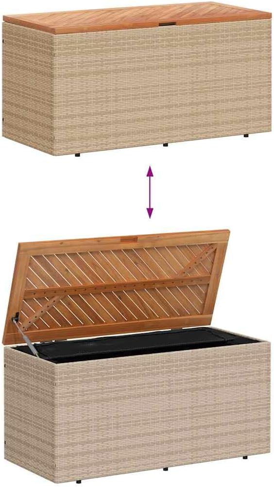 Garden Storage Box, Outdoor Deck Box with Poly Rattan and Acacia Wood, 43.3 inch Rectangular Patio Storage Bin for Cushions and Blankets, Beige and Brown
