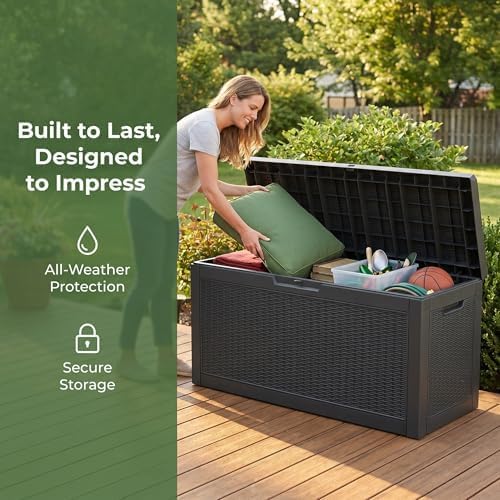 60 Gallon Deck Box, Waterproof Resin Outdoor Storage Box with Lockable Lid, Patio Storage Box Featuring Fade Resistant for Patio Furniture Cushions, Pool Accessories, Garden Tools, Black