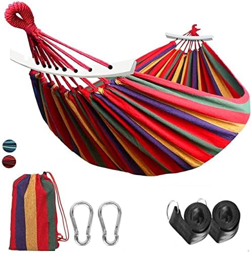 Outdoor Hammock Portable Garden Hammock Sports Home Travel Camping Swing Canvas Stripe Hang Bed Hammock Double Single People (260x150 red Set)