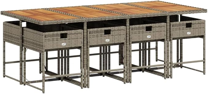 9 Piece Patio Dining Set with Cushions Gray Poly Rattan Outdoor Dining Table and 8 Folding Chairs for Backyard Garden Deck Seating UV Protected