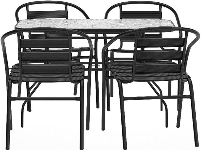 Flash Furniture Lila Commercial 5-Piece Outdoor Dining Set, Tempered Glass Patio Table with Umbrella Hole, 4 Triple Slat Chairs, 47", Black