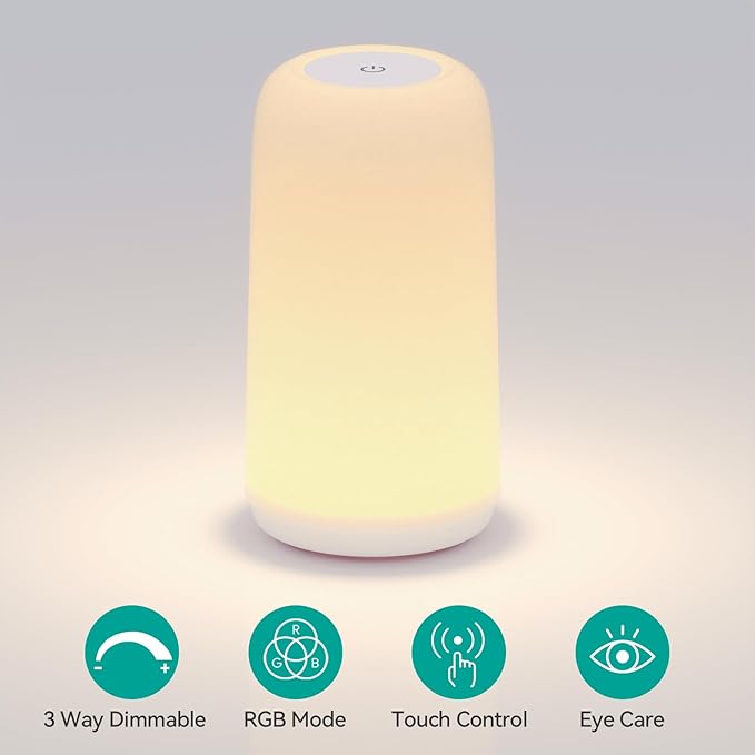 ROOTRO Touch Bedside Table Lamp, [Sleek Design & RGB Mode] 3 Way Dimmable Small Lamp for Bedroom, LED Lamp with Warm White Lights, Multi-Color Smart Nightstand Lamp for for Living Room Home Gifts