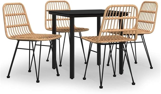 BOWERY HILL 5-Piece Poly Rattan Patio Dining Set, Black Powder-Coated Steel, Tempered Glass Tabletop, Compact 31.5 in x 31.5 in Table, Outdoor Garden Furniture for Relaxed or Classy Entertaining