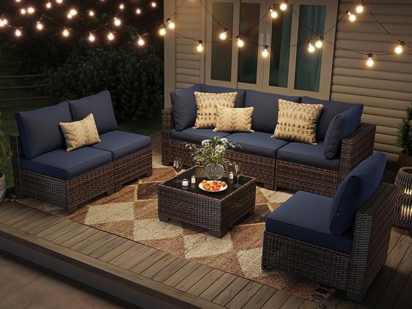 7 Pcs Patio Furniture Set, All-Weather Wicker Sofa Brown & Blue | Weather Resistant PE Rattan | Thick Cushions | Removable Easy Clean | 450 lbs | Ideal for Backyards, Poolside, Balcony