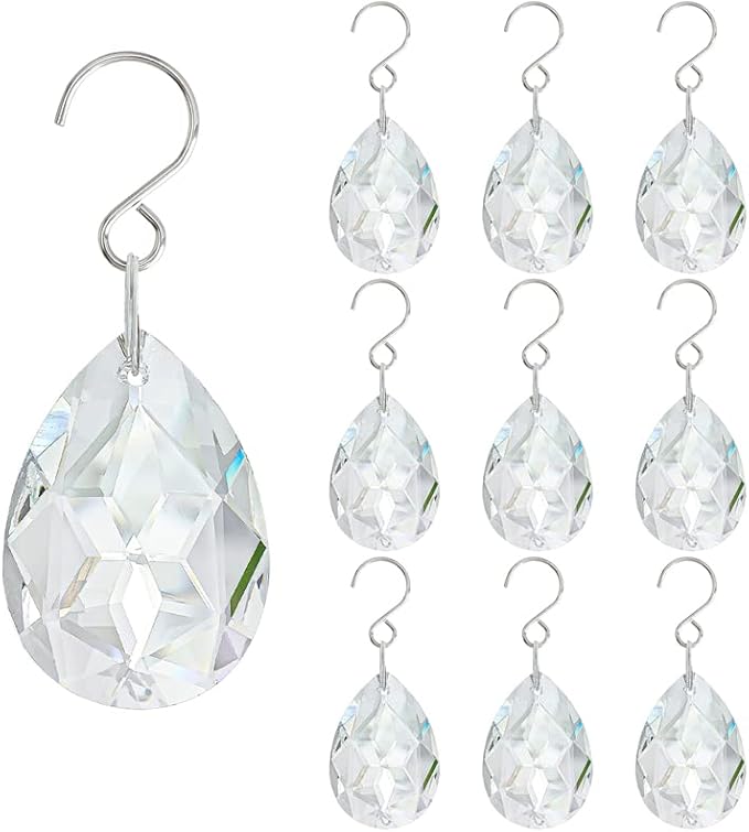 10 Pcs 38mm Clear Crystal Teardrop Chandelier Hanging Suncatcher Parts | Clear Crystal Teardrop Prisms Pendants with Hooks Suncatcher for Lamp Window Christmas Tree Wedding Decor
