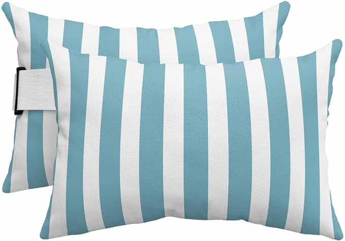 Lumbar Pillow Covers Set of 2, Auqa Striped Waterproof Outdoor Chaise Lounge Pillow Covers with Elastic Strap, Modern Farmhouse Blue White Stripes Headrest Pillowcase for Patio, 12 x 20