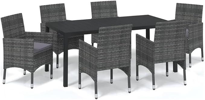 Afuera Living 7-Piece PE Rattan & Steel Patio Dining Set, Gray/Black/Dark Gray, Weather-Resistant, Sturdy Outdoor Furniture for Garden, Terrace or Balcony, Comfortable Seating for 6 People