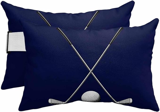 Pack of 2 Golf Club and Ball Lumbar Pillow Covers, Outdoor Waterproof Throw Pillow Covers Set, Sports Theme Navy Blue Background Decorative Cushion Case for Patio Beach, 12x20 Inch