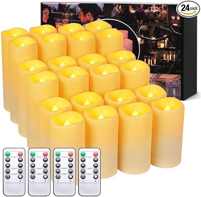 24pack Flickering Flameless Candle with Remote (D2.2 X H4 ”5” 6” inch), 24-Hour Cycling Waterproof Fake LED Lights for home décor, Table Decorations, Wedding, Anniversary, Halloween, Christmas