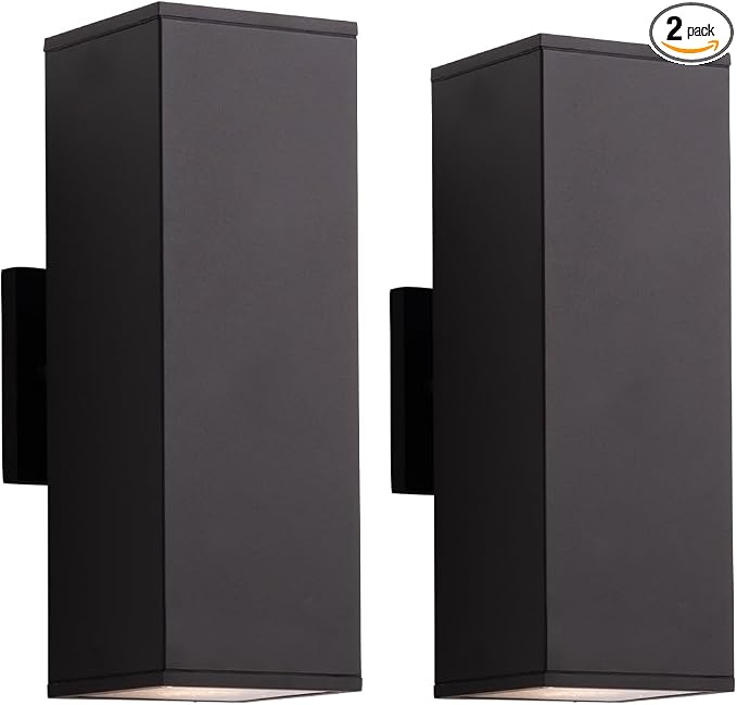 mirrea 14" Modern Outdoor Porch Light, 2 Lights, Oil Rubbed Bronze, 2 Pack | Patio wall sconce, aluminum rectangular tube, tempered glass, waterproof. Up & down lighting for outdoor wall mount fixture.