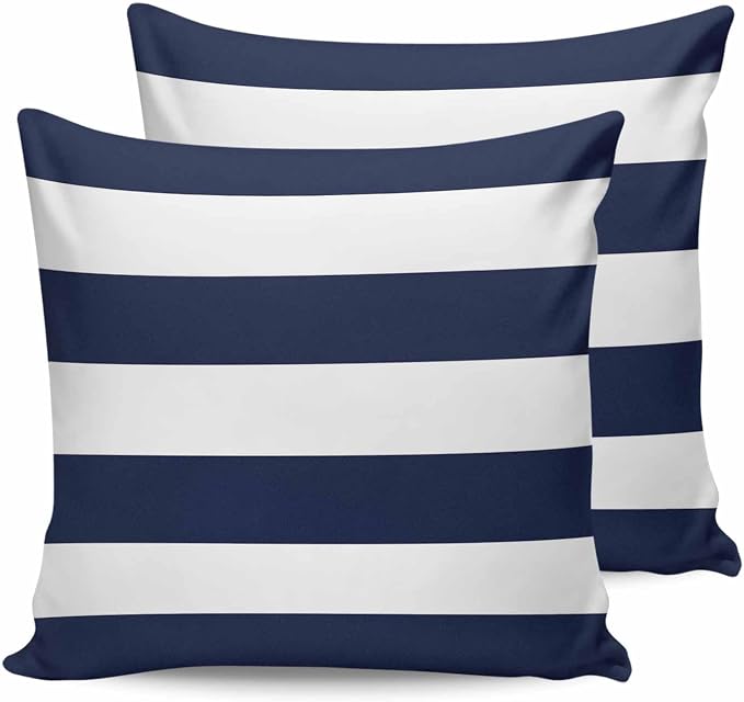 Custom Bed USA Nautical Stripe Outdoor Waterproof Throw Pillow Covers, Decorative Pillowcases Polyester Cushion Covers for Garden Patio Tent Sofa Couch Pack of 2 18x18 inch, Navy Blue White Stripes