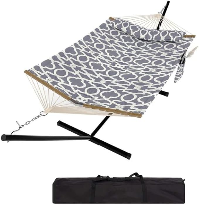 Double Hammock with Stand, 450 Lbs Capacity 12FT Heavy Duty Portable 2 Person Hammock with Steel Frame & Anti-Tip Design, Easy 2-Minute Setup for Patio, Garden, Beach, Backyard, Light Grey