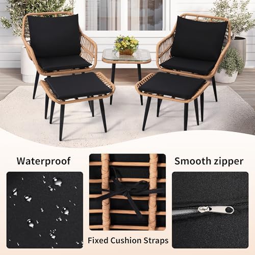 5-Piece Outdoor Wicker Patio Conversation Set - 2 Stylish Chairs, 2 Ottomans & Side Table - Ideal for Balcony, Porch, Deck & Backyard - Durable Natural Finish Furniture
