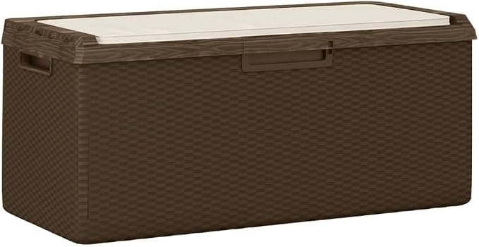 Patio Storage Box with Seat Cushion, 92.5 Gallon Outdoor Deck Box for Garden Tools and Yard Accessories, Durable Polypropylene Rectangular Storage Bench for Terrace, Brown