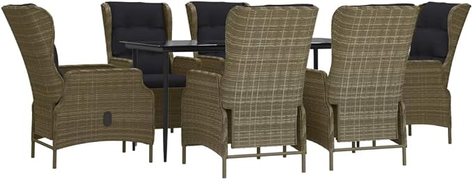 7 Piece Patio Dining Set Brown Poly Rattan Outdoor Rattan Dining Table with 6 Adjustable Backrest Chairs and Tempered Glass Tabletop for Garden Lawn Deck Patio Backyard, Black Cushion