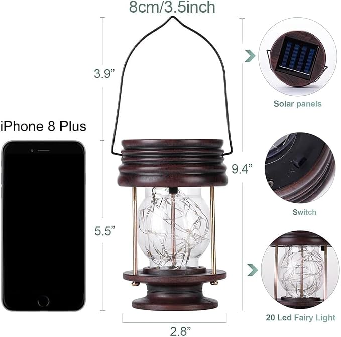 Solar Lanterns Outdoor Patio Decor, 20 LED Hanging Solar Fairy Lights Waterproof, 2 Pack Retro Decorative Table Lamps with Warm Glow for Porch, Yard, Garden, Pathway & Backyard Decoration