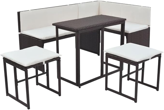 5-Piece Brown Rattan Patio Dining Set with Cushions | Includes modular sectional seating and a rectangular table with cream cushions, ideal for garden and balcony.