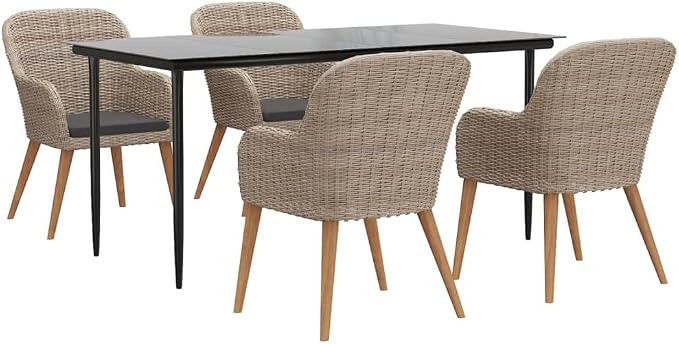 5 Piece Patio Dining Set, Outdoor Acacia Wood Dining Table and Chairs with Cushions, Tempered Glass Tabletop Furniture Set for Garden Backyard, Brown