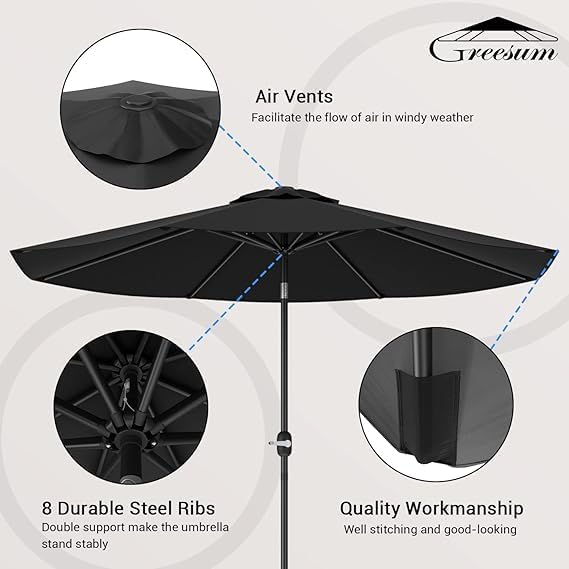 Greesum 9FT Patio Umbrella, Outdoor Table Umbrella with Push Button Tilt, Crank and 8 Sturdy Ribs for Garden, Lawn, Backyard & Pool