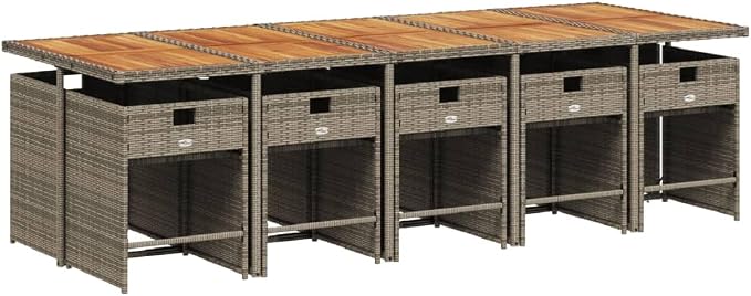 11 Piece Patio Dining Set with Cushions Gray Poly Rattan Outdoor Furniture Table and 10 Chairs for Backyard Garden Deck Dining Relaxing UV-Proof Acacia Wood Foldable heavy-duty 242. 5 lb Capacity