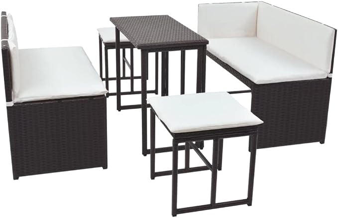 5-Piece Brown Rattan Patio Dining Set with Cushions | Includes modular sectional seating and a rectangular table with cream cushions, ideal for garden and balcony.