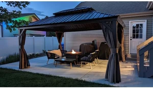 Kozyard Alexander 12‘ X 16’ Hardtop Aluminum Permanent Gazebo with a Mosquito Net and Privacy Sidewalls, Permanent Gazebo Pavilion for Patio, Backyard (Brown)