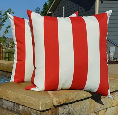 Square Throw Pillows Set of 2 | 24"x 24"| All-Weather Spun Fabric | Water and Fade-Resistant | Outdoor Accent Pillows for Patio Furniture | Red & White Stripe