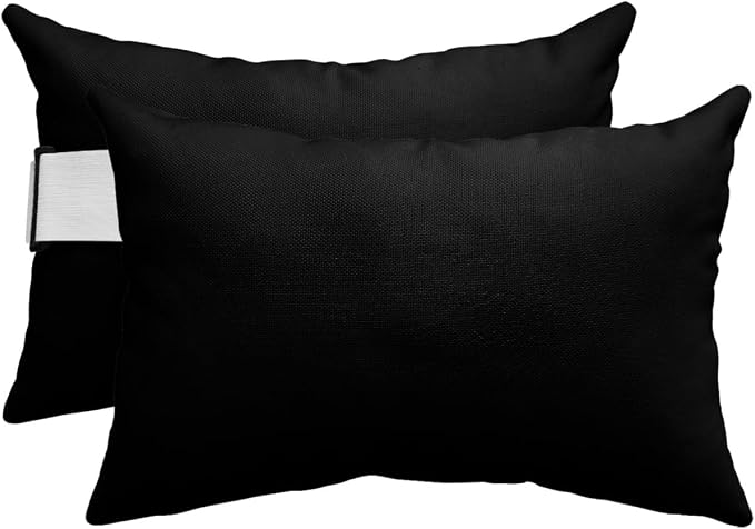 T&H XHome Outdoor Pillow for Chaise Lounge Chair, Pure Black Solid Color Waterproof Recliner Headrest Pillow Lumbar Pillows with Adjustable Elastic Strap for Beach, Poolside, Patio, Office (2 Pack)