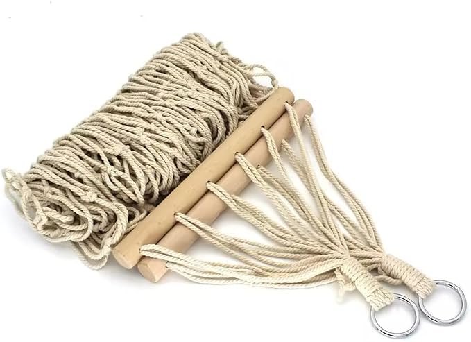 Compact Cotton Rope Hammock with Spreader Bars – 200 × 30 cm Bed, 120 kg / 265 lb Capacity, Portable 1-Person Net (White)