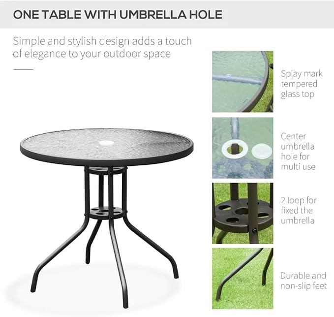 6 Piece Patio Dining Set for 4 with Umbrella, Outdoor Table and Chairs with 4 Folding Dining Chairs & Round Glass Table for Garden, Backyard and Poolside, Black