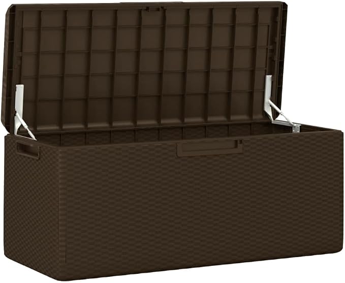 Patio Storage Box with Seat Cushion, 92.5 Gallon Outdoor Deck Box for Garden Tools and Yard Accessories, Durable Polypropylene Rectangular Storage Bench for Terrace, Brown