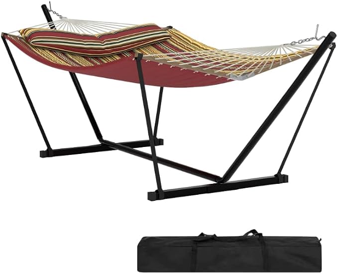 Double Hammock with Stand, 450 Lbs Capacity 12FT Heavy Duty Portable 2 Person Hammock with Steel Frame & Anti-Tip Design, Easy 2-Minute Setup for Patio, Garden, Beach, Backyard, Burgundy brown stripes