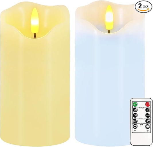 Flameless Candles Light, Set of 2 6"x3" Flickering Pastel Spring LED Candles with Remote & Timer, Dimmable Real Wax Easter Pillar Candles Battery Operated for Home Spring Easter Decor (Blue Yellow)
