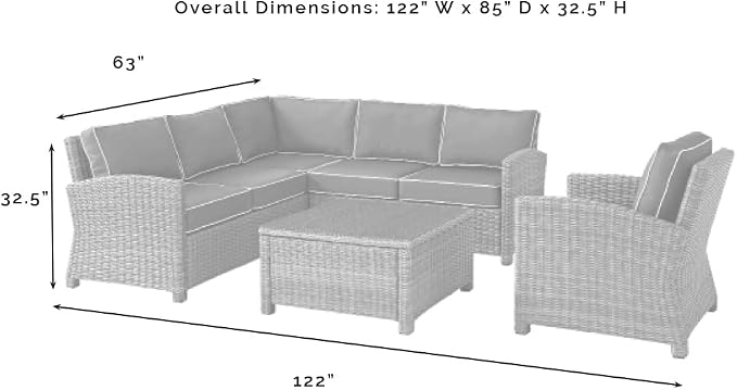 Crosley Furniture Bradenton 5-Piece Outdoor Sectional Sofa Wicker Conversation Patio Furniture Set for Deck, Brown with Sand Cushions