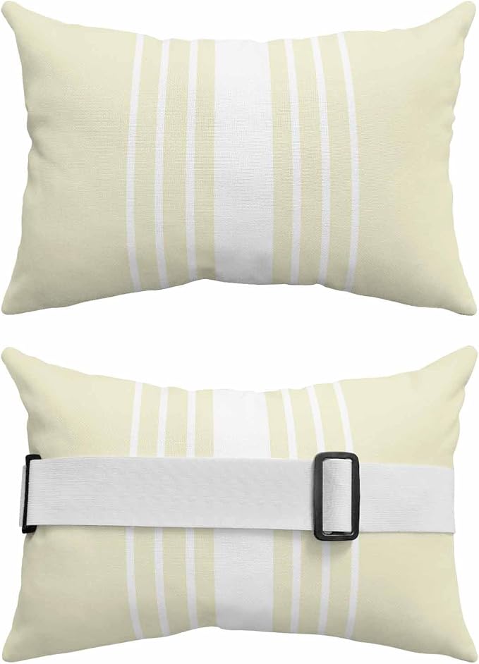 Outdoor Pillow for Chaise Lounge Chair White Striped on Yellow Headrest Pillow with Adjustable Elastic Strap Set of 2,11x16 inch, Modern Gradient Geometric Waterproof Head Pillows for Patio Pool