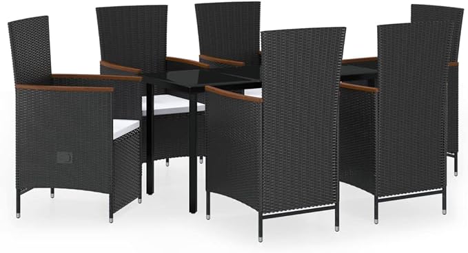 7 pcs Patio Dining Set Black PE Rattan Outdoor Furniture with Adjustable Garden Dining Set for Front Porch Lawn Backyard 55.1 x 27.6 x 29.1 in
