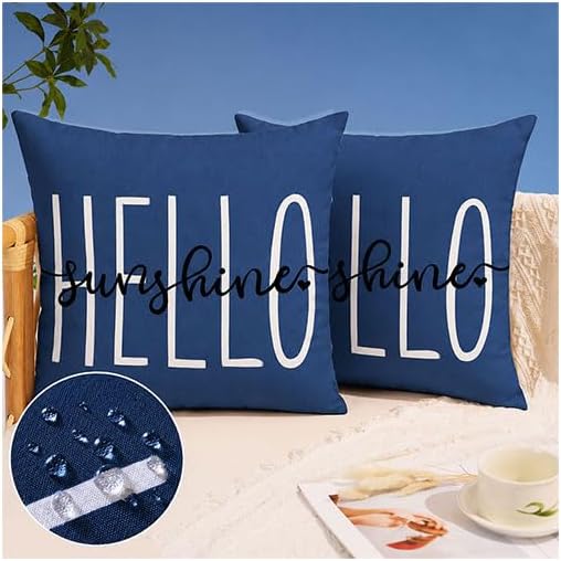 DFXSZ Navy Blue Outdoor Waterproof Pillow Covers 20x20 Set of 2 | Hello Sunshine Decor Spring Summer Polyester Pillow Covers(NO INSERTS)| Decor for Patio Funiture Garden Sofa Couch